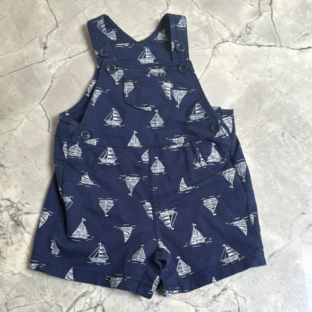 Baby overalls - 12m EUC. Nautical theme, navy and white with sailboats